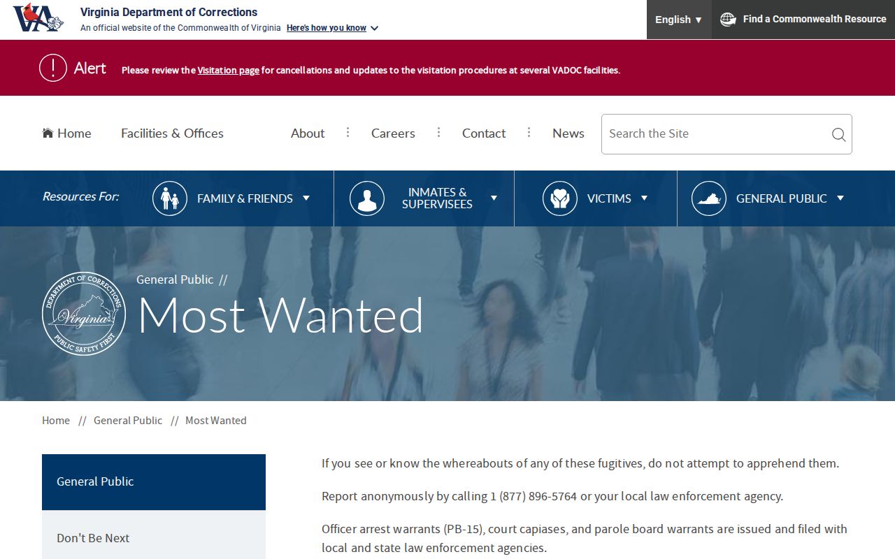 Rappahannock County state wanted-record source at Virginia Department of Corrections